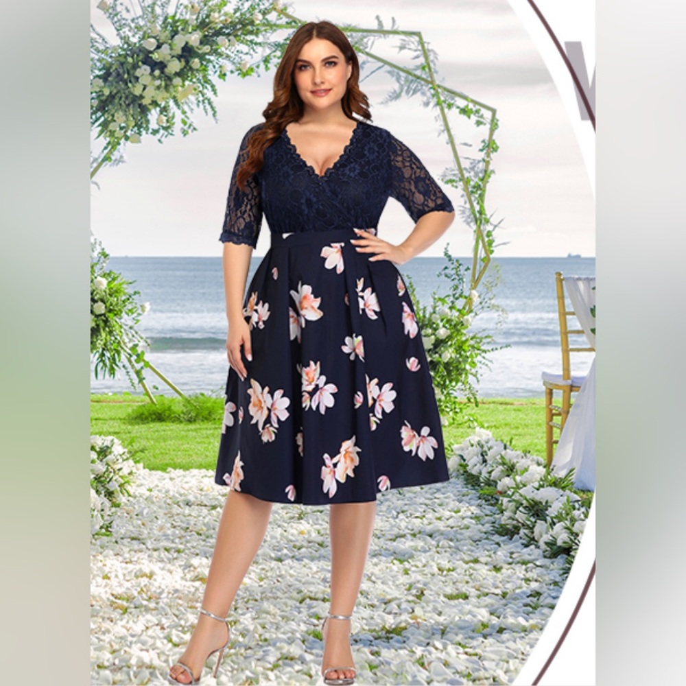 Women's Plus Size Lace Wrap Top Cocktail Midi Dress Navy Blue with Sleeves